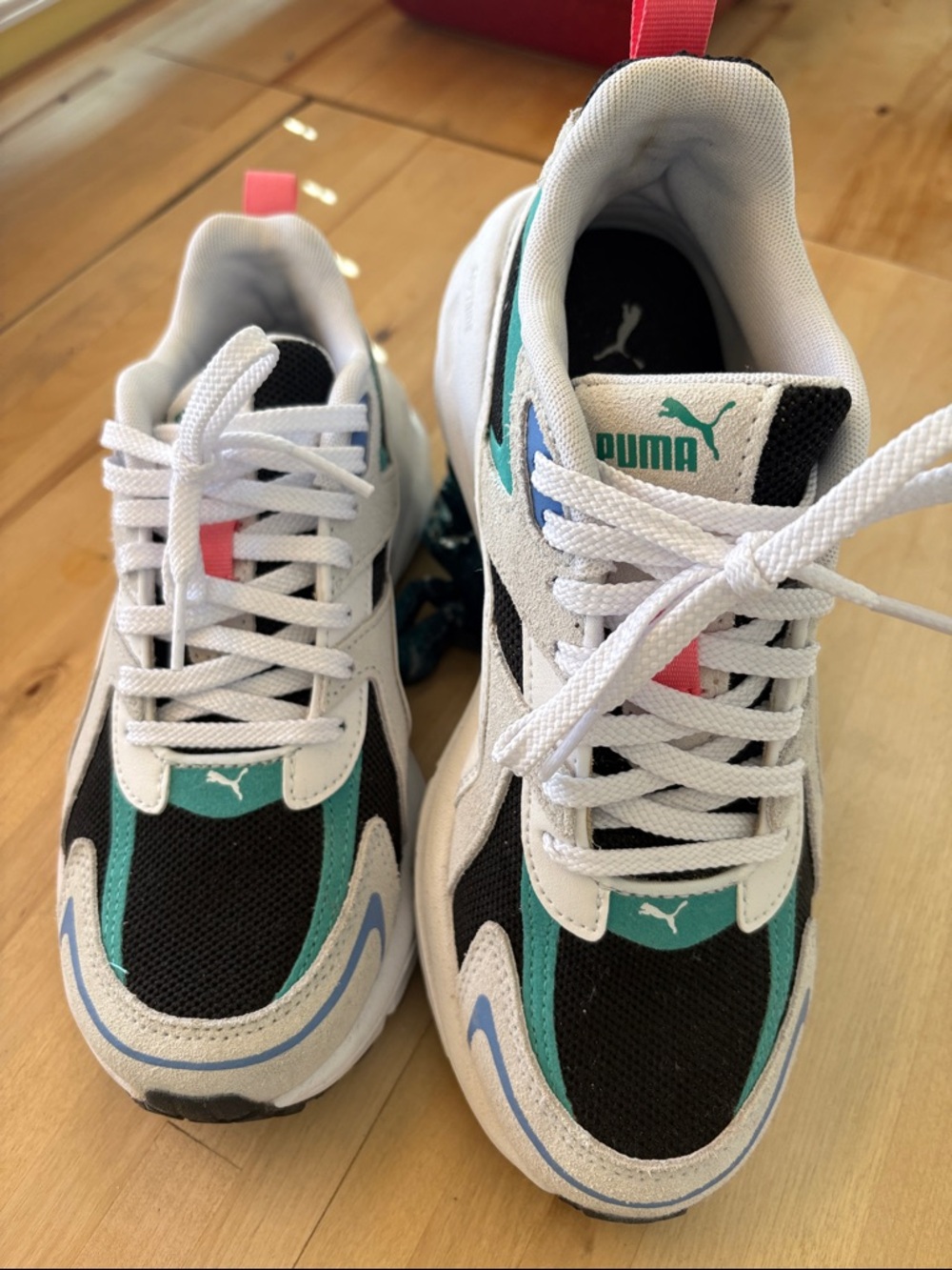 Puma Kids White, Teal & Black Athletic Sneakers with Pink Accent